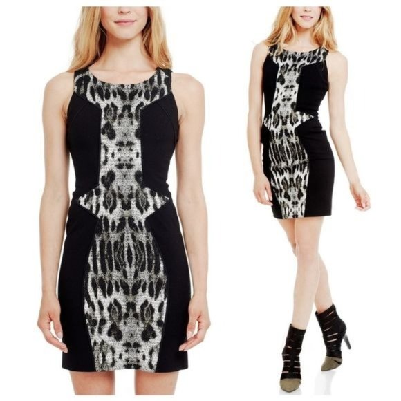 Rebecca Minkoff Moulin Snow Bodycon Leopard Black/White Dress Size 8 - Picture 1 of 7